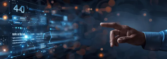 Hand pointing at floating digital checklist and business analytics dashboard