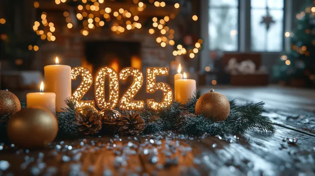 Candlelit table with glowing 2025 numbers, gold ornaments, pine sprigs, and shimmering holiday bokeh.