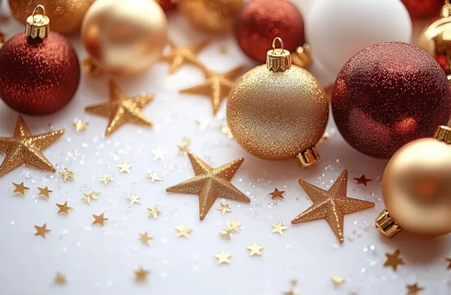 Glittery red, gold, and white Christmas baubles with star-shaped confetti scattered on a white surface.