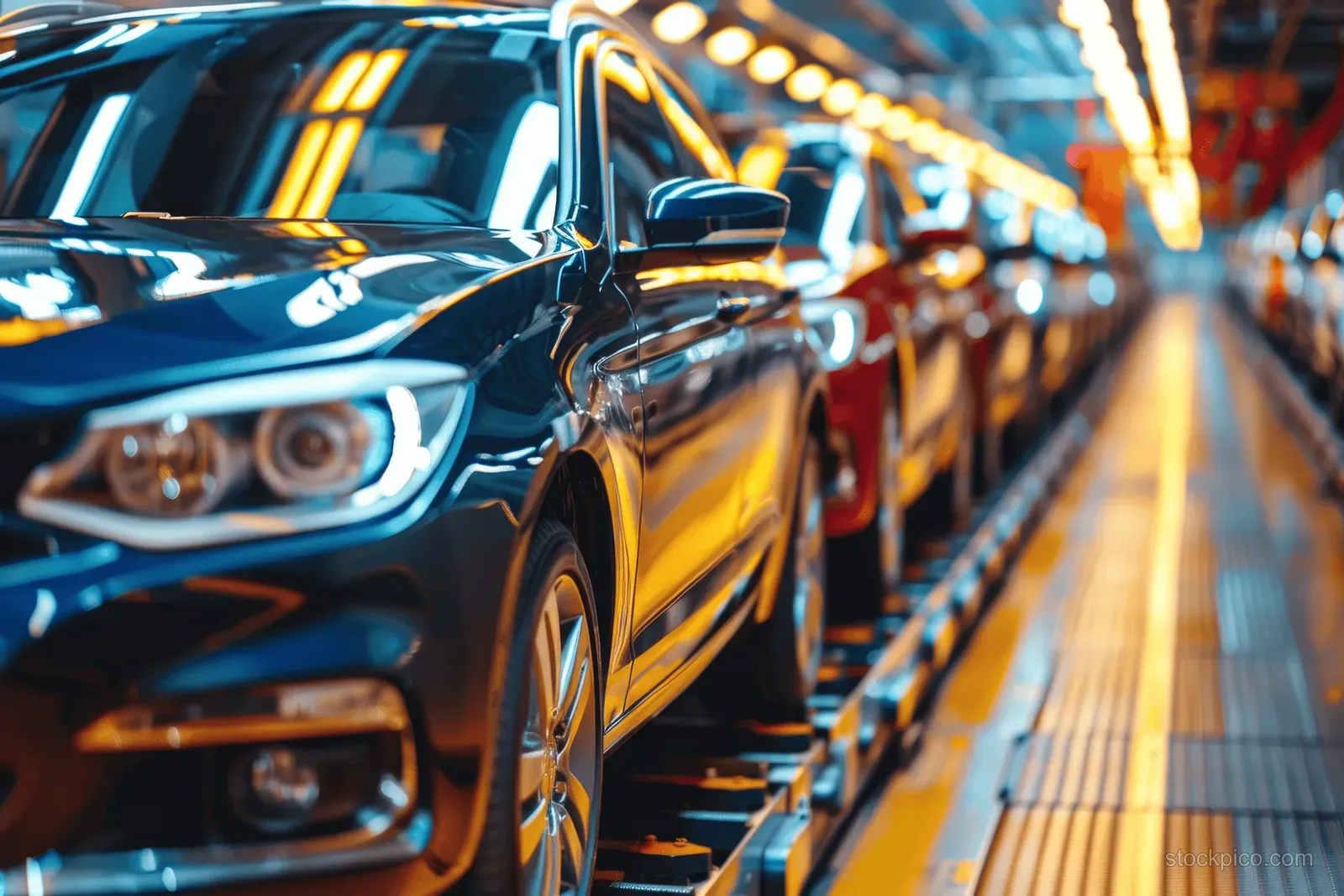 Several cars wait on an illuminated factory assembly line with metal rails extending into the distance.