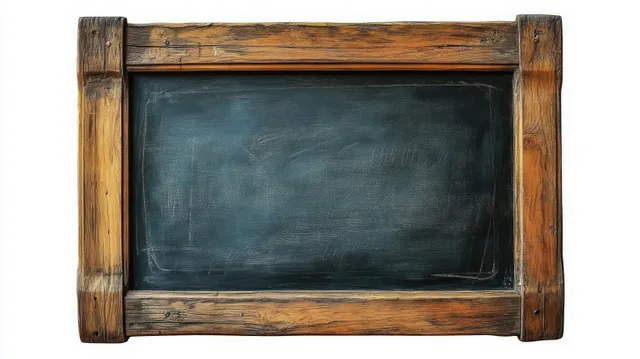 An empty black chalkboard with a weathered wooden frame showing visible wood grain and faint surface marks.