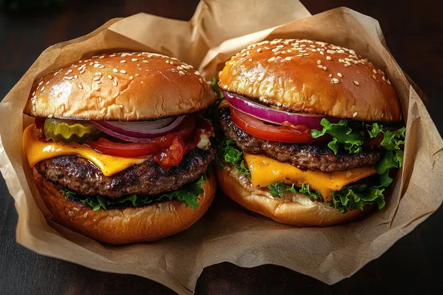Two cheeseburgers with sesame buns, cheddar, lettuce, tomato, red onion, and pickles on parchment paper.