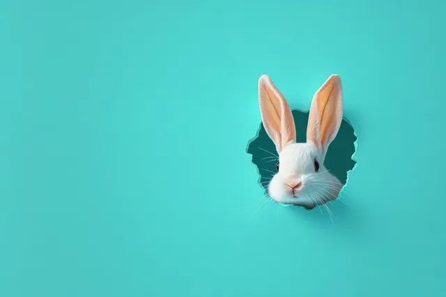 White rabbit peeks from a torn hole, fluffy ears against bright turquoise background