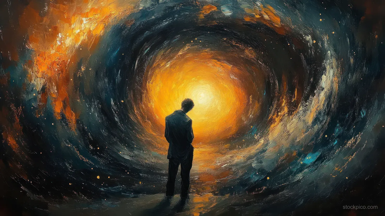 A lone silhouette stands facing a glowing spiral vortex of orange and blue swirling light.