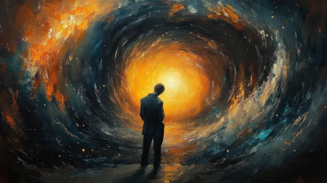 A lone silhouette stands facing a glowing spiral vortex of orange and blue swirling light.