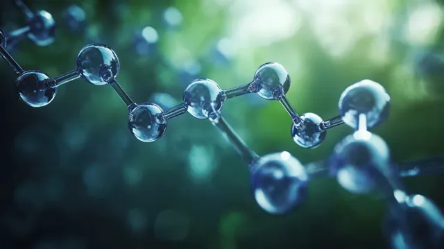 A glowing molecular chain of spherical atoms and bonds appears in front of a blurred green science background.
