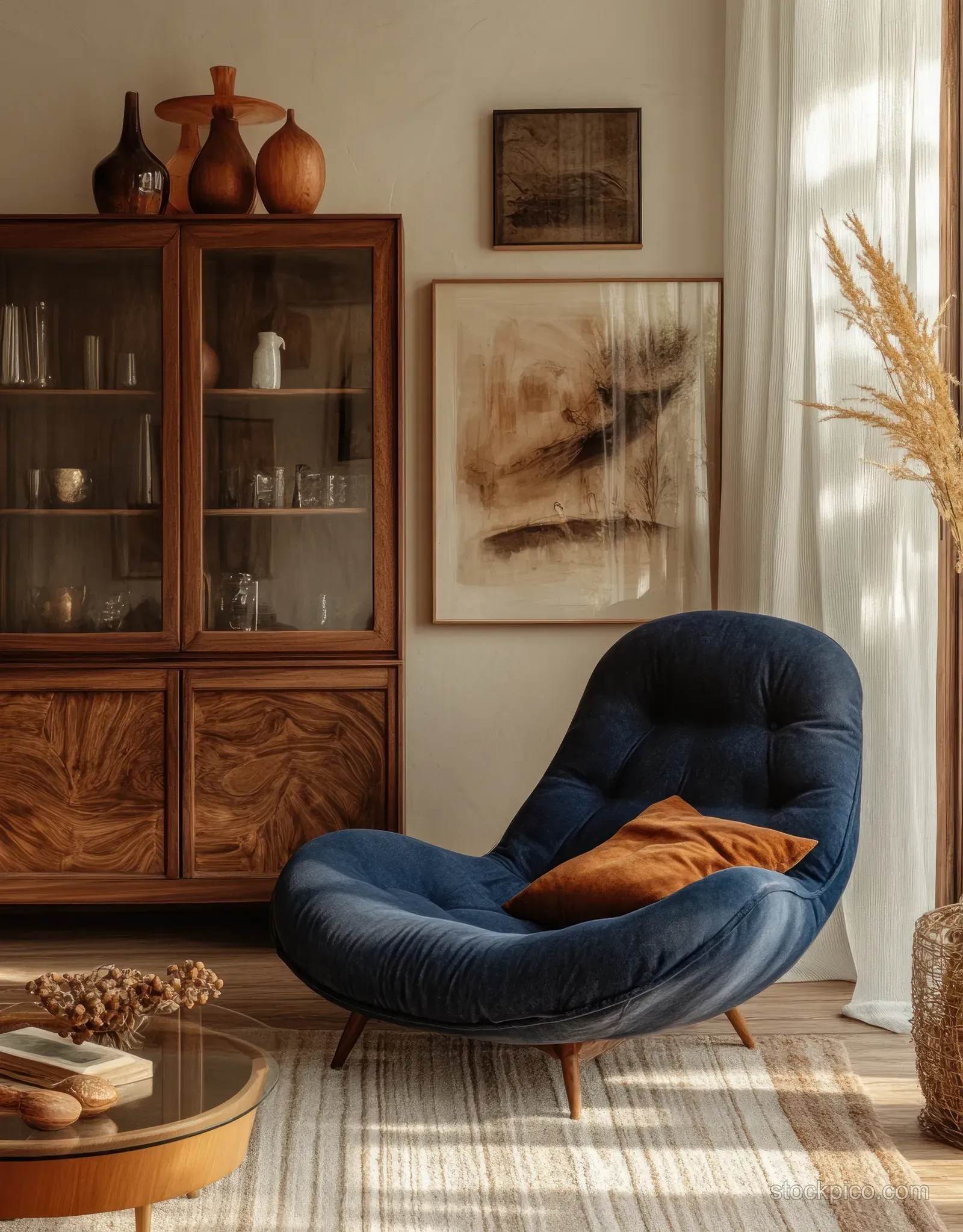 Blue lounge chair beside a glass display cabinet in a cozy living room lit by sunlight through white curtains.