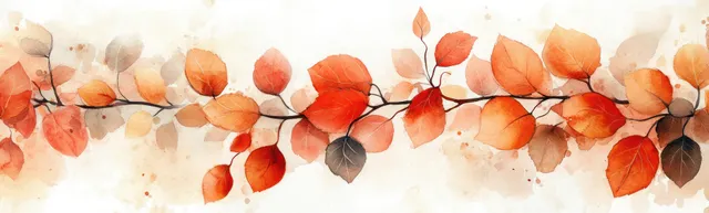 Watercolor autumn leaves floral border pattern over white textured paper background