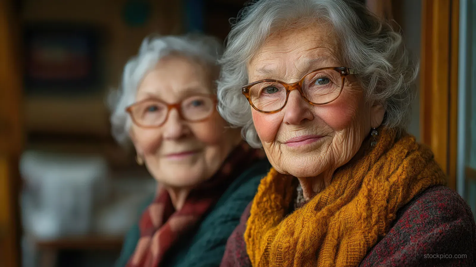 Two elderly women sit together indoors, smiling softly while wearing knitted shawls and glasses.