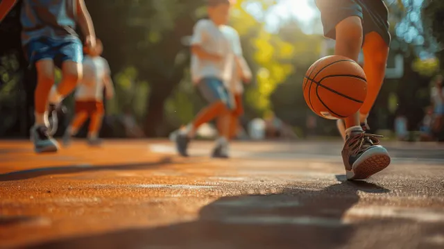 A boy dribbles an orange basketball on a school playground court while other children play in the background.