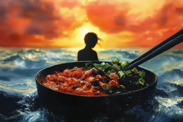 Colorful food bowl in ocean waves at orange sunset