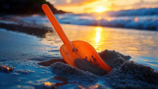 Orange plastic shovel stuck in wet sand beside gentle waves under a glowing sunset sky.