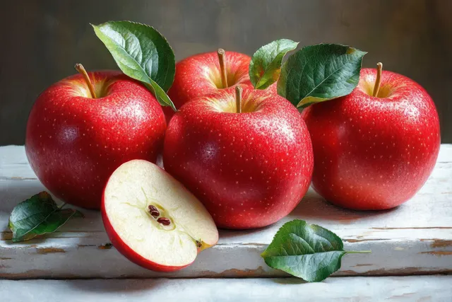 Four red apples with green leaves sit on rustic wood, with one half revealing apple seeds.