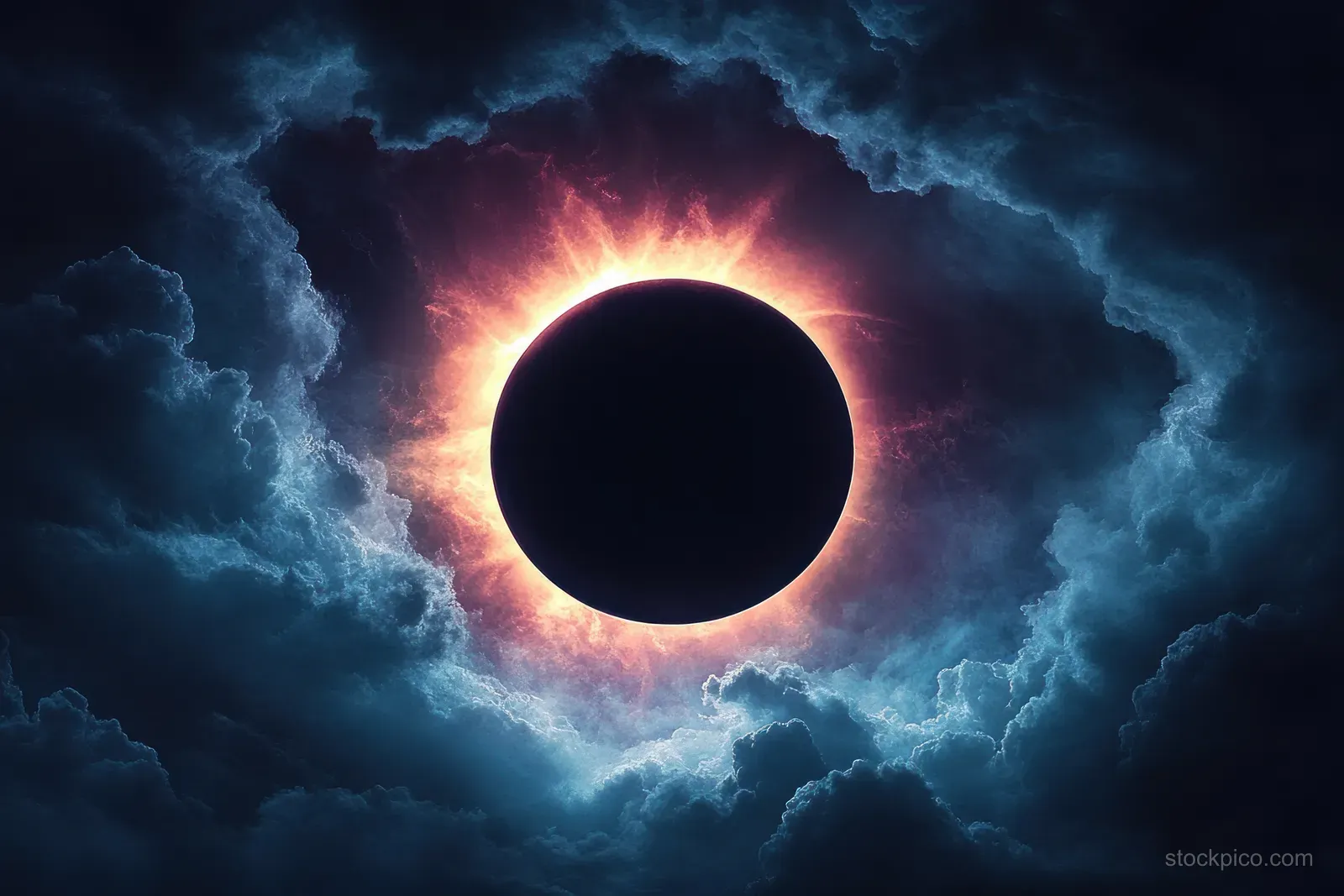 A glowing solar corona frames a dark eclipse disc in front of swirling storm clouds.