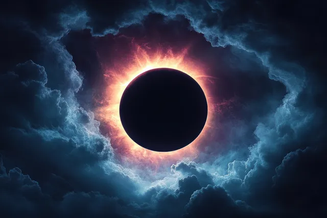 A glowing solar corona frames a dark eclipse disc in front of swirling storm clouds.