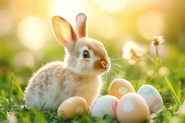 Cute rabbit sitting in spring meadow exploring pastel Easter eggs with sunlight bokeh