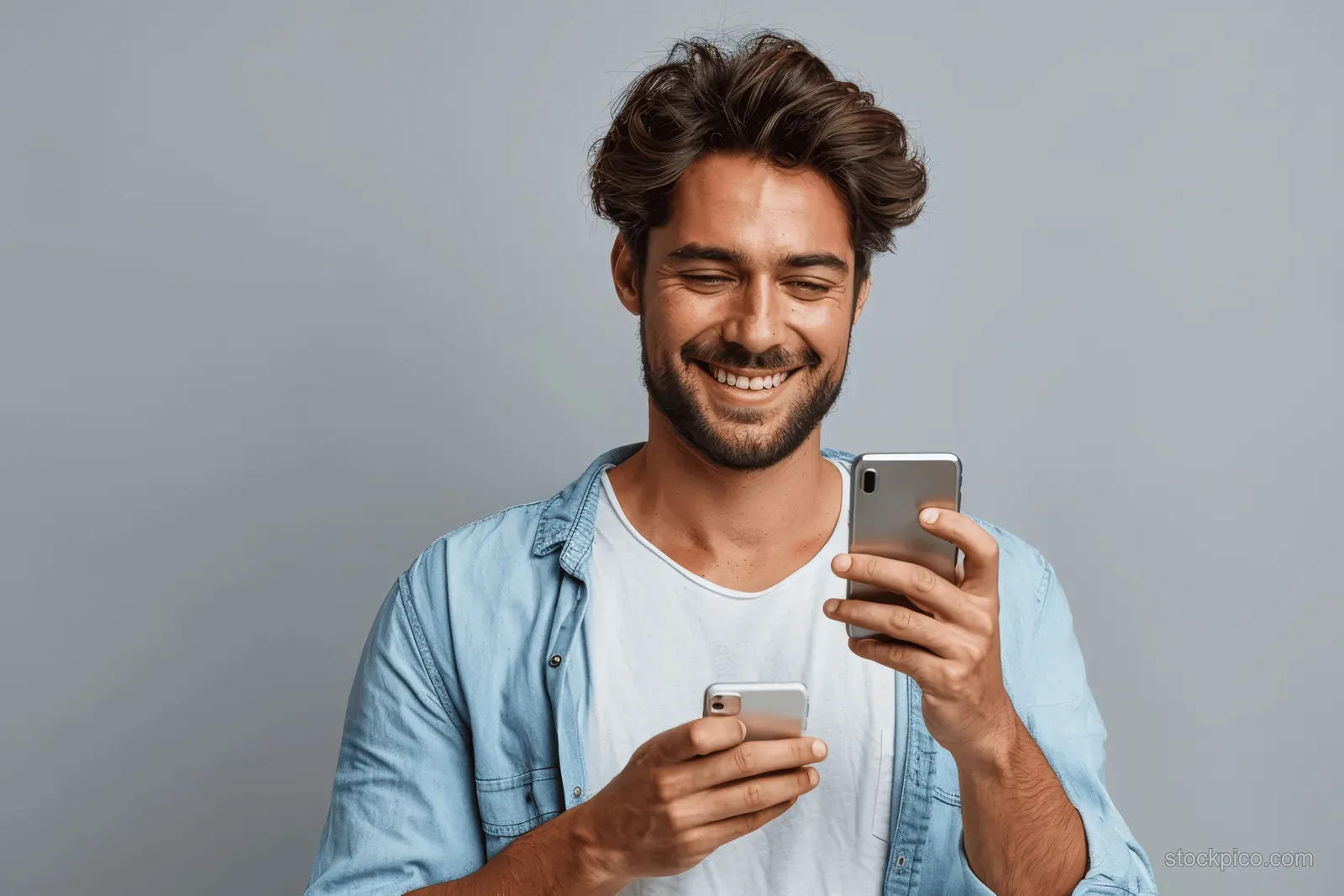 A confident young man in casual attire smiles while using a smartphone against a grey studio background.