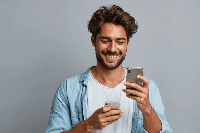 A confident young man in casual attire smiles while using a smartphone against a grey studio background.