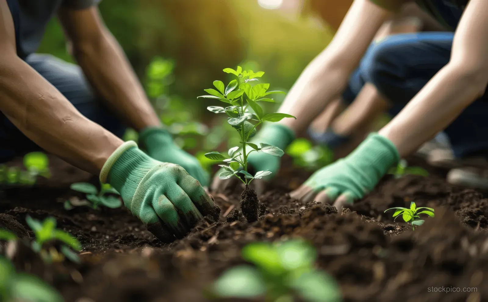 Gloved volunteers place a small tree sapling into soil in a community garden.