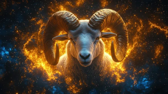 A glowing ram with curled horns centered against a fiery orange and blue starry nebula background.