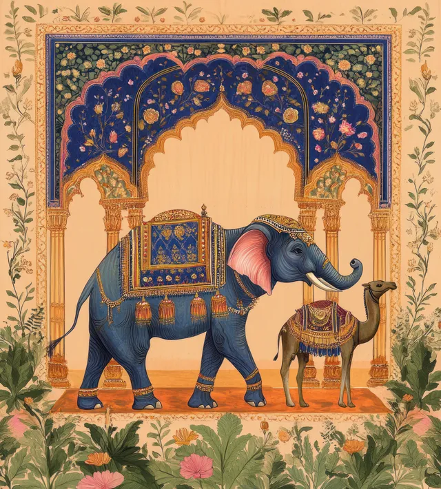 Mughal-style elephant and camel stand beneath an ornate arch in a patterned garden illustration.