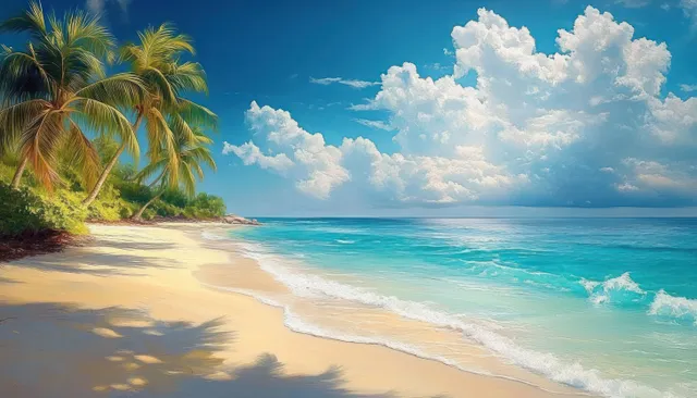 Tropical beach shoreline with palm trees, sunlit waves, and blue horizon under clouds
