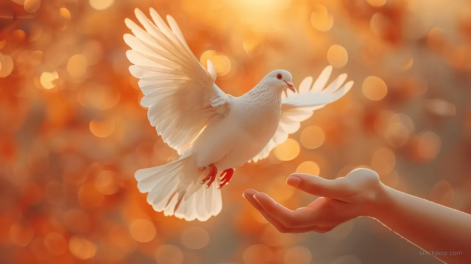 A white dove flies toward open hands at sunrise, with warm golden bokeh lights filling the background.