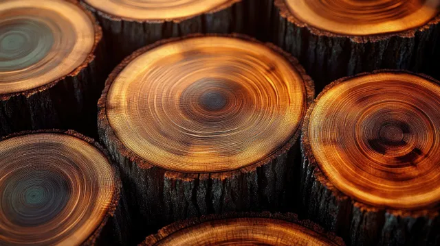 Close-up of polished tree stump slices showcasing detailed growth rings and warm wood grain textures.