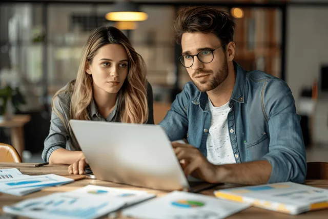 Young marketing directors collaborating at laptop over paper-filled desk in modern office