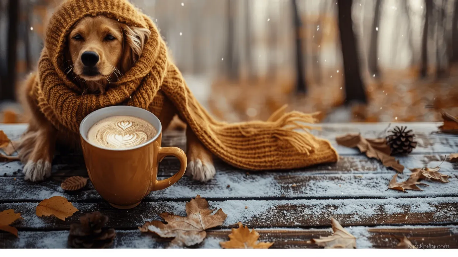 A dog wrapped in a knitted scarf sits beside a warm mug with fireplace light and autumn leaves on a wooden table.