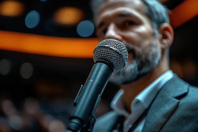 A man in a blazer speaks into a microphone during a diverse office meeting while colleagues listen behind him.