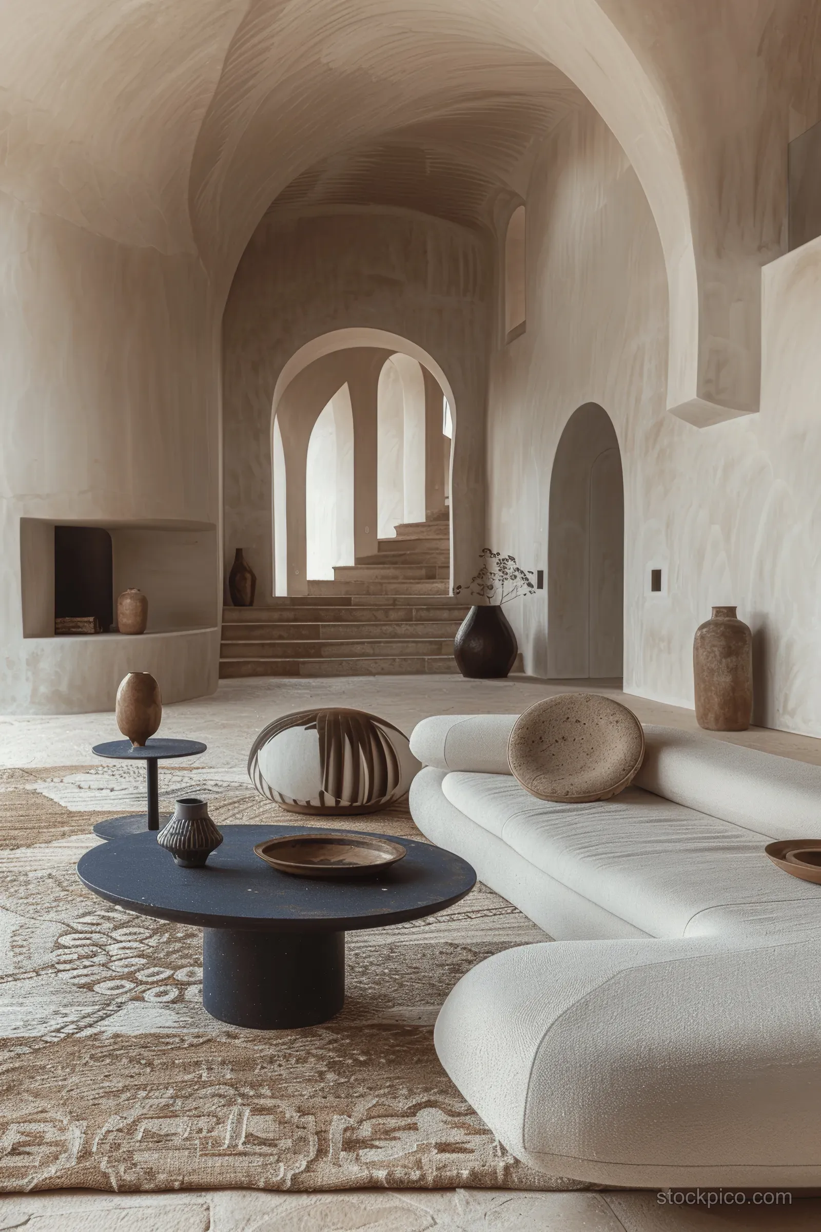 Bouclé chairs surround a blue table on a soft rug inside a minimalist beige stucco room with arched openings.