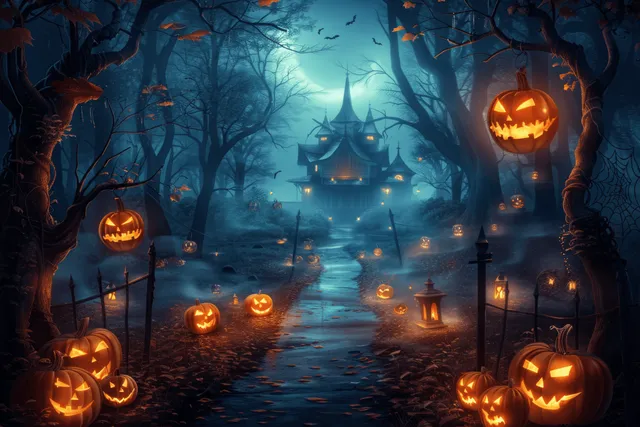 Glowing jack-o'-lanterns line a dark forest path leading to a haunted house under a full moon.