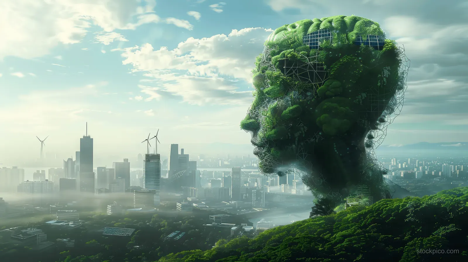 Mossy futuristic green head overlooks a skyline with solar panels, wind turbines, and layered urban greenery.
