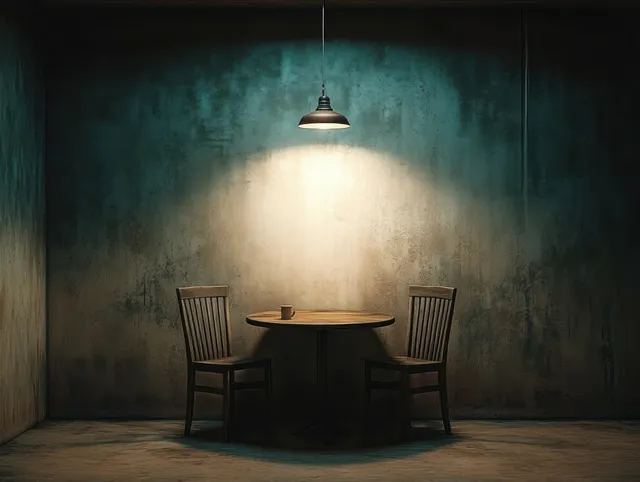 Two wooden chairs surround a round table in a dark empty room under one hanging lamp.