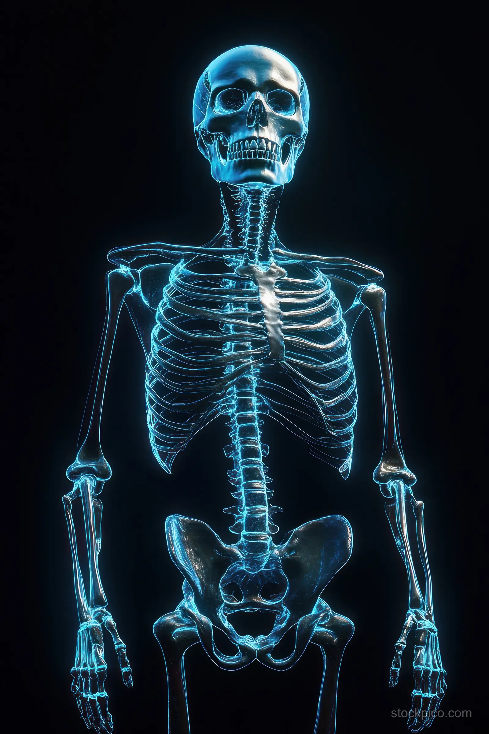 Neon outlined human skeleton render lit by a spotlight on a black background.