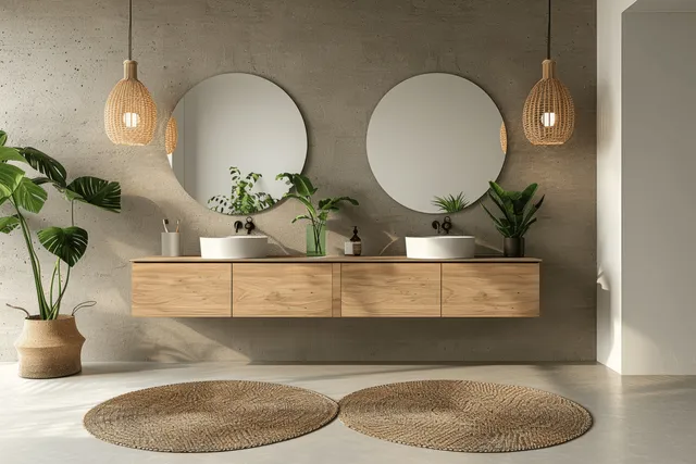 Minimalist bathroom shows a double wooden vanity, round mirrors, hanging lamps, concrete floor, and houseplants.