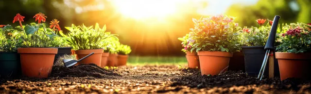 Gardening tools and terracotta pots of plants sit on soil under golden hour sunlight with soft bokeh.