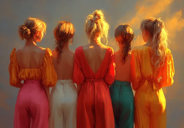 Four women standing shoulder-to-shoulder in warm sunset light, symbolizing unity and support