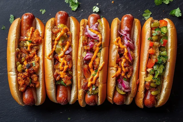 Five gourmet hot dogs on buns topped with grilled onions, pickles, diced vegetables, and orange drizzle on dark slate.