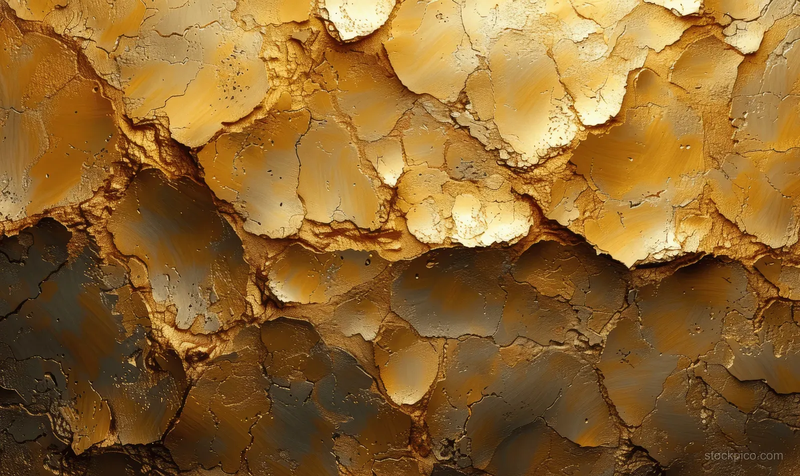 A close-up gilt stucco wall texture with cracked plaster patterns across a warm gold background.