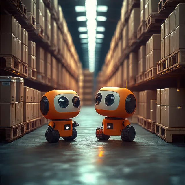 Two orange robots with big eyes stand in a warehouse aisle between stacks of boxed pallets under bright lights.
