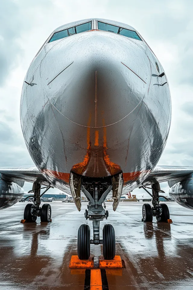 Front view of a commercial jet parked on a wet runway with orange wheel chocks under cloudy skies.