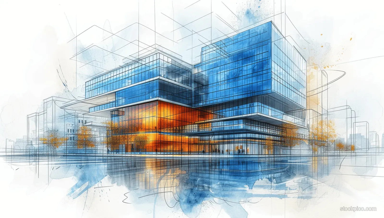 Watercolor blueprint illustration of a hospital with blue glass facade, structural grid lines, and cityscape layers.