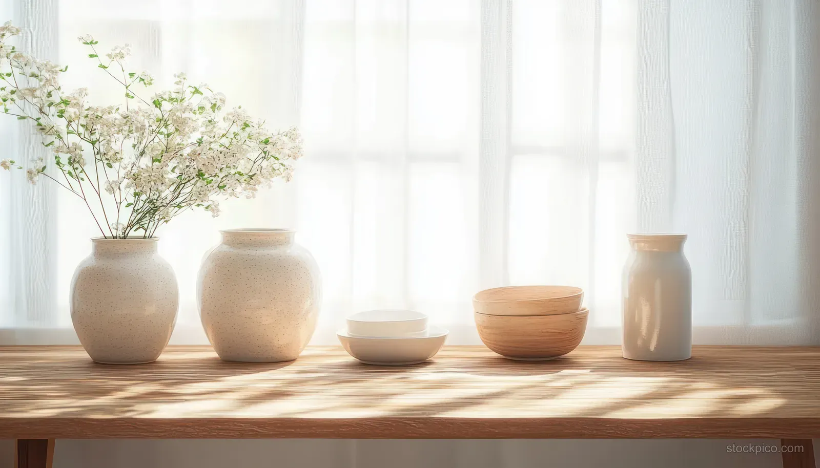 Ceramic bowls and jars arranged on a wooden table beside a sunlit window with blurred greenery in the background.