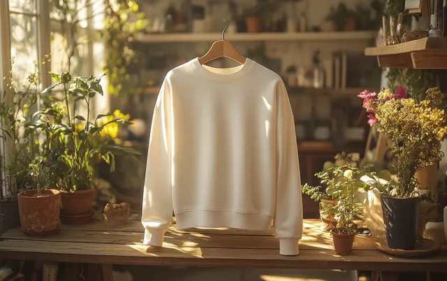 White long-sleeve V-neck shirt hanging on a wooden rack with potted plants in warm sunlight.