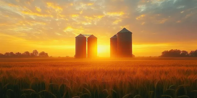Sunrise behind grain silos in a wheat field under a partly cloudy sky.