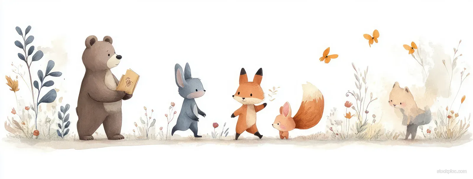 Bear, rabbit, fox, and hedgehog plant flowers in a pastel watercolor garden with grasses and butterflies.