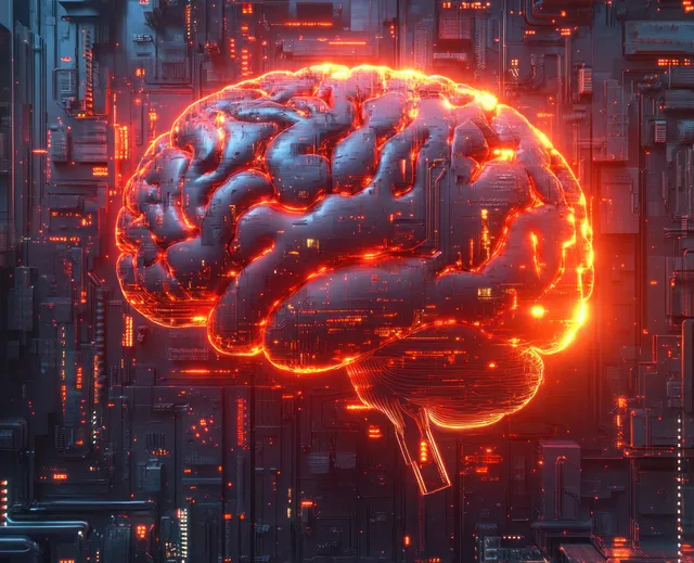 A neon blue circuit brain glows above a futuristic cyberpunk medical lab background.