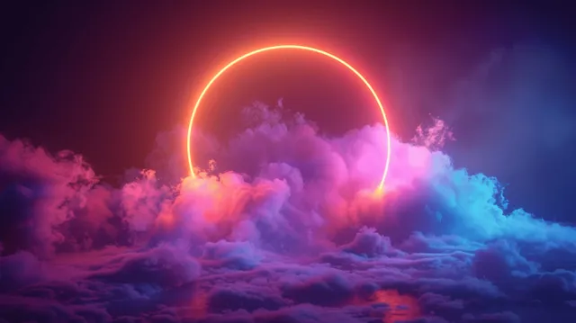 Neon ultraviolet light ring glowing above foggy cloudscape with dramatic blue pink mist